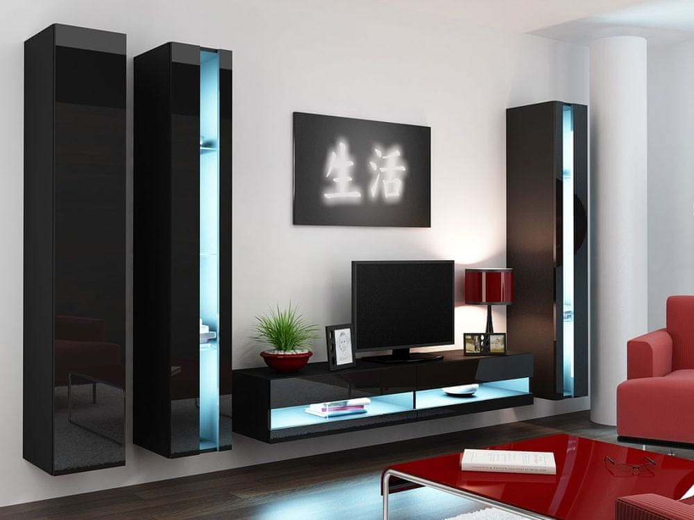 Veneti Stena do obývacej izby s LED bielym osvetlením ASHTON N6 - čierna / lesklá čierna